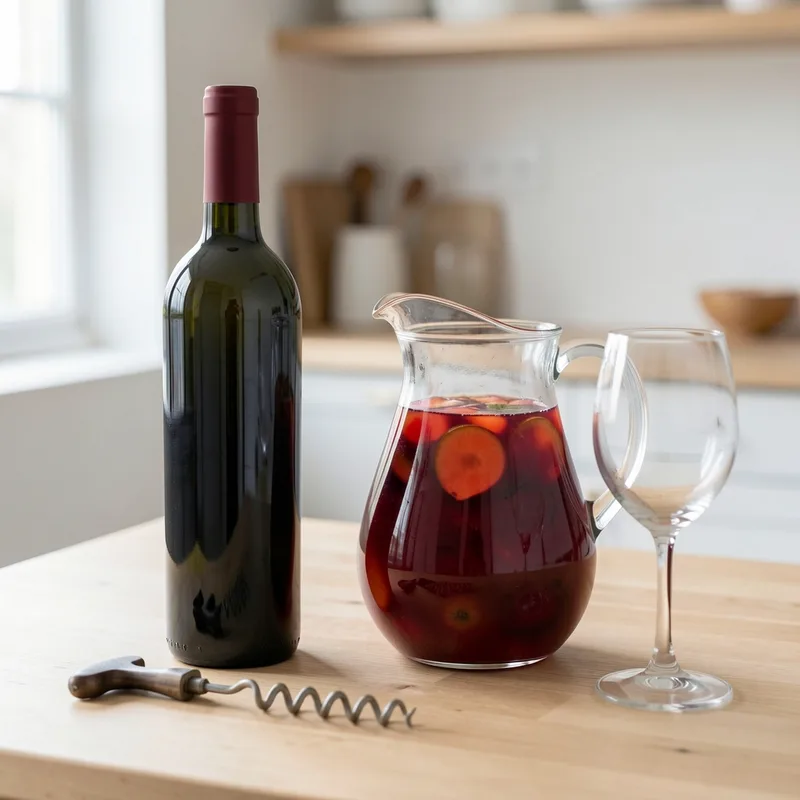 Bouteille de vin rouge jeune espagnol et pichet de sangria posés sur une table en bois