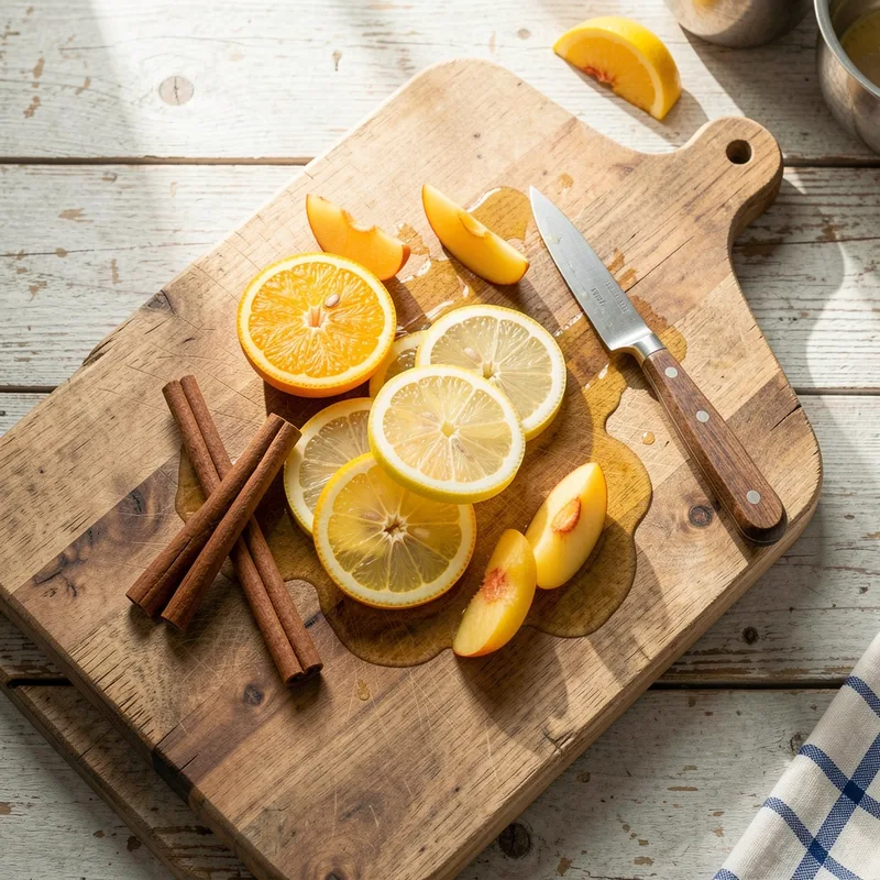 Rondelles d&rsquo;orange et de citron coupées sur une planche en bois avec un bâton de cannelle