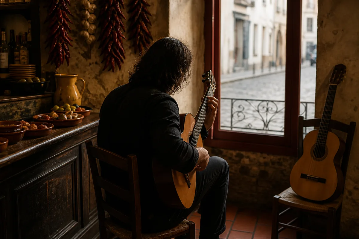 Guitariste de flamenco jouant dans une salle ancienne aux murs de chaux