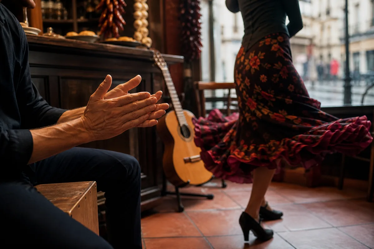 Palmas et cajón accompagnant une danseuse pendant un numéro de flamenco