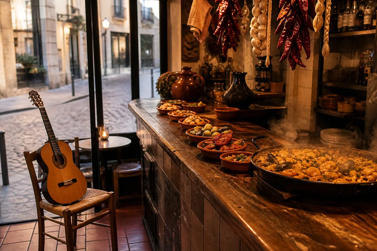 Comptoir de bar espagnol garni de petites assiettes de tapas sous une lumière chaude en soirée