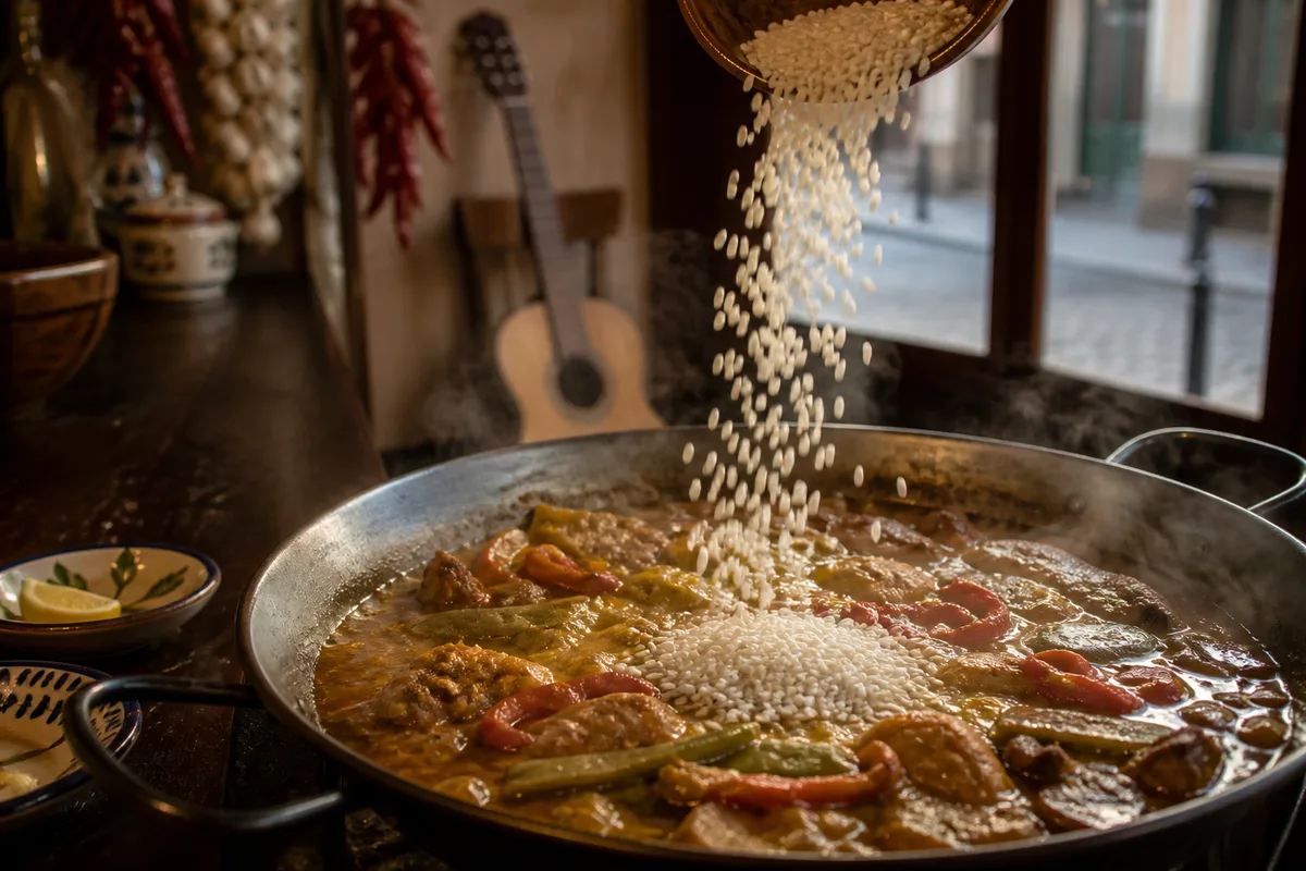 Riz en pluie versé dans une paella en cours de cuisson
