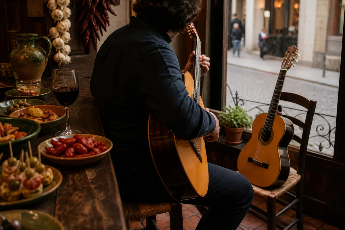 Guitariste jouant dans la salle chaleureuse d&rsquo;un restaurant espagnol parisien