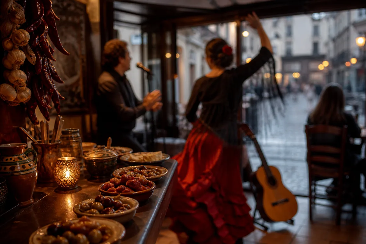 Scène de flamenco dans un dîner-spectacle parisien avec chanteur et danseuse
