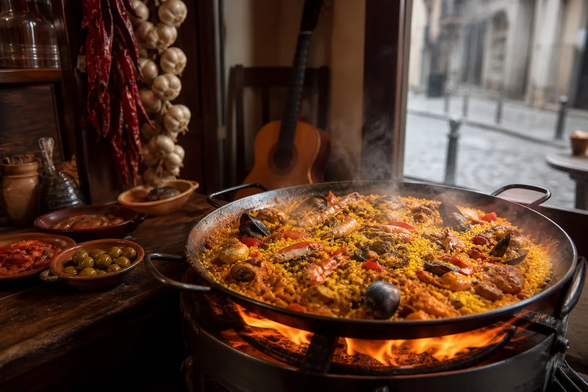 Paella préparée dans une grande poêle plate sur feu vif