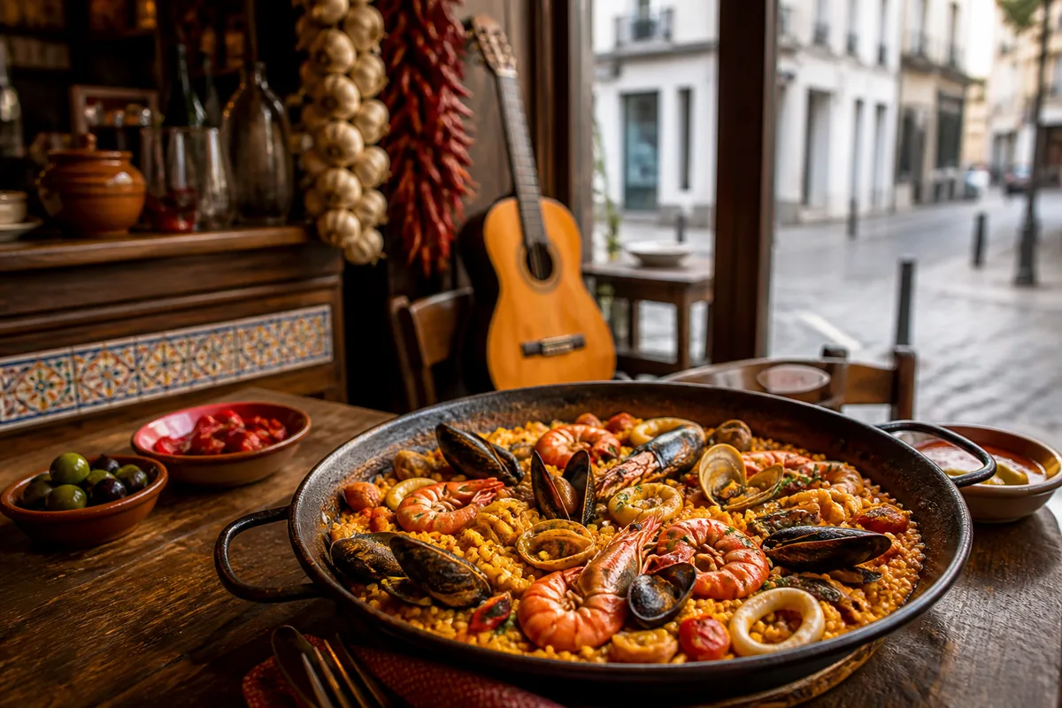 Paella aux fruits de mer servie sur une table de restaurant espagnol