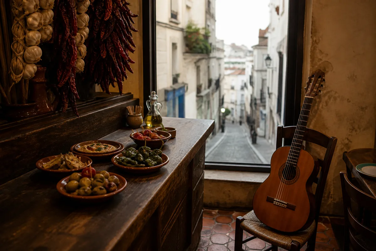 Vue de la rue Mouffetard en pente avec ses façades anciennes