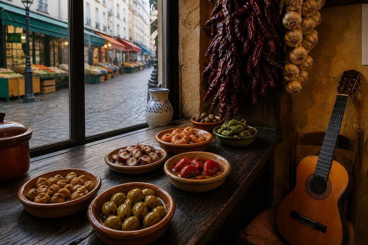 Étals de commerces alimentaires dans le bas de la rue Mouffetard