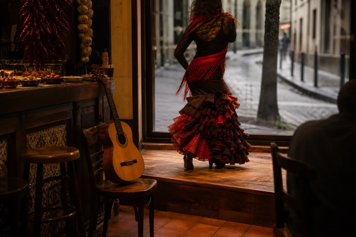 Danseuse de flamenco en robe à volants sur une scène parisienne