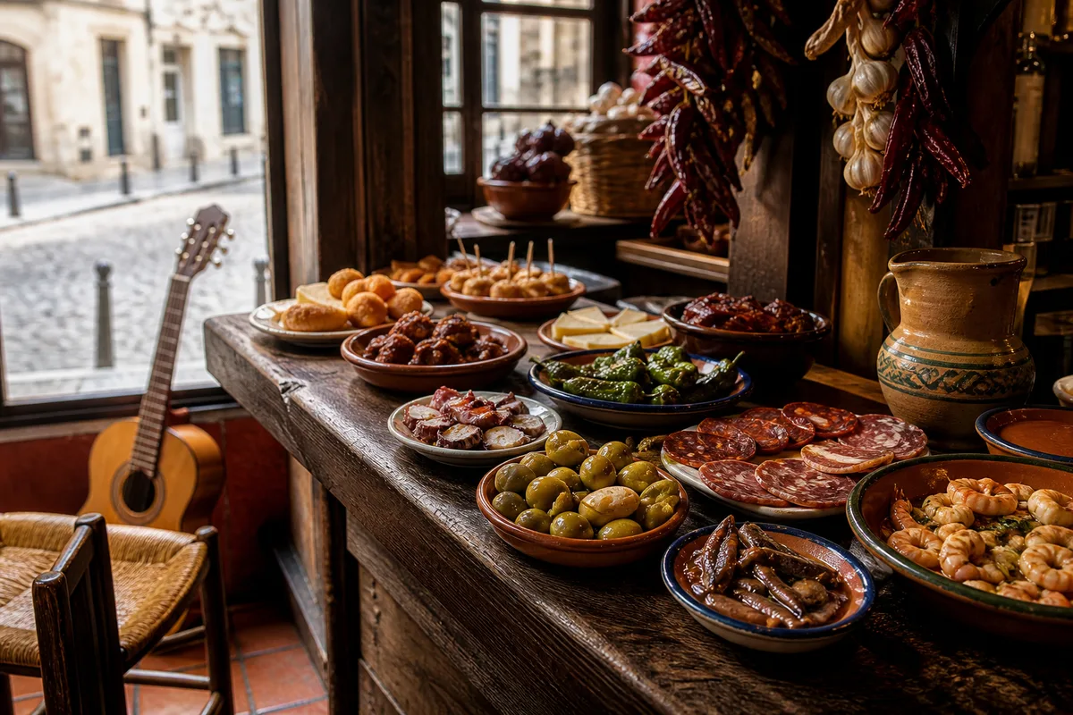 Comptoir garni de petites assiettes de tapas espagnoles