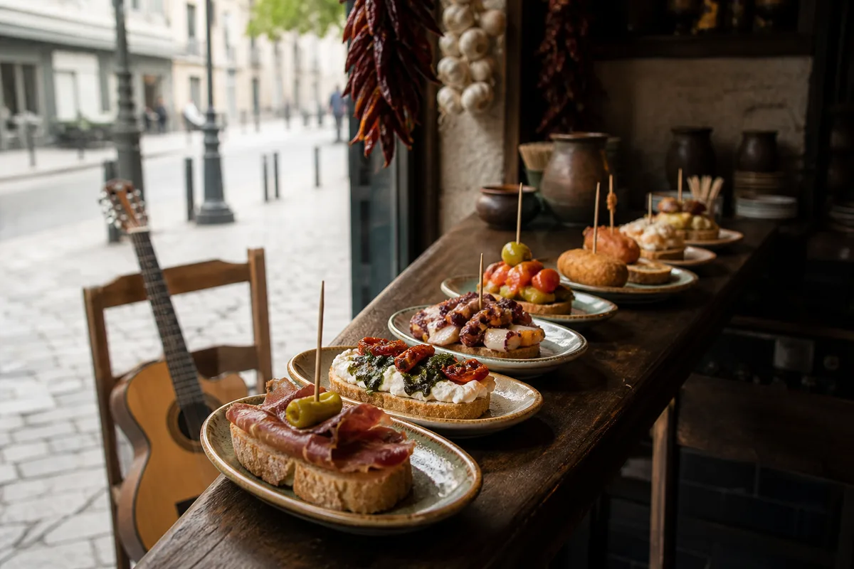 Assortiment de pintxos alignés sur un comptoir de bar espagnol
